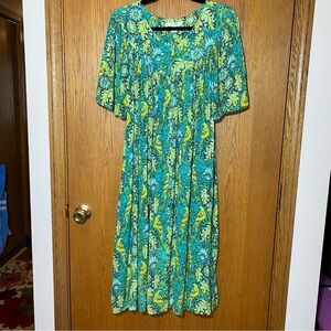 Go Softly Patio Dress Green & Blue floral with birds. Mrs. Roper Lounge …